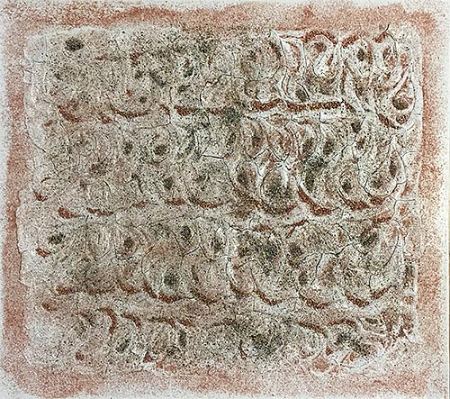 bild_titel (CHF 380.-)<br />Leinwand 60x60cm, Modeliermasse, Acryl, Kupfer-und Kunststoffgranulat