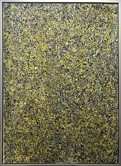 bild_titel (CHF 2500.-)<br />Kunststoffplatte 140x100cm, Scherben von Weinflaschen